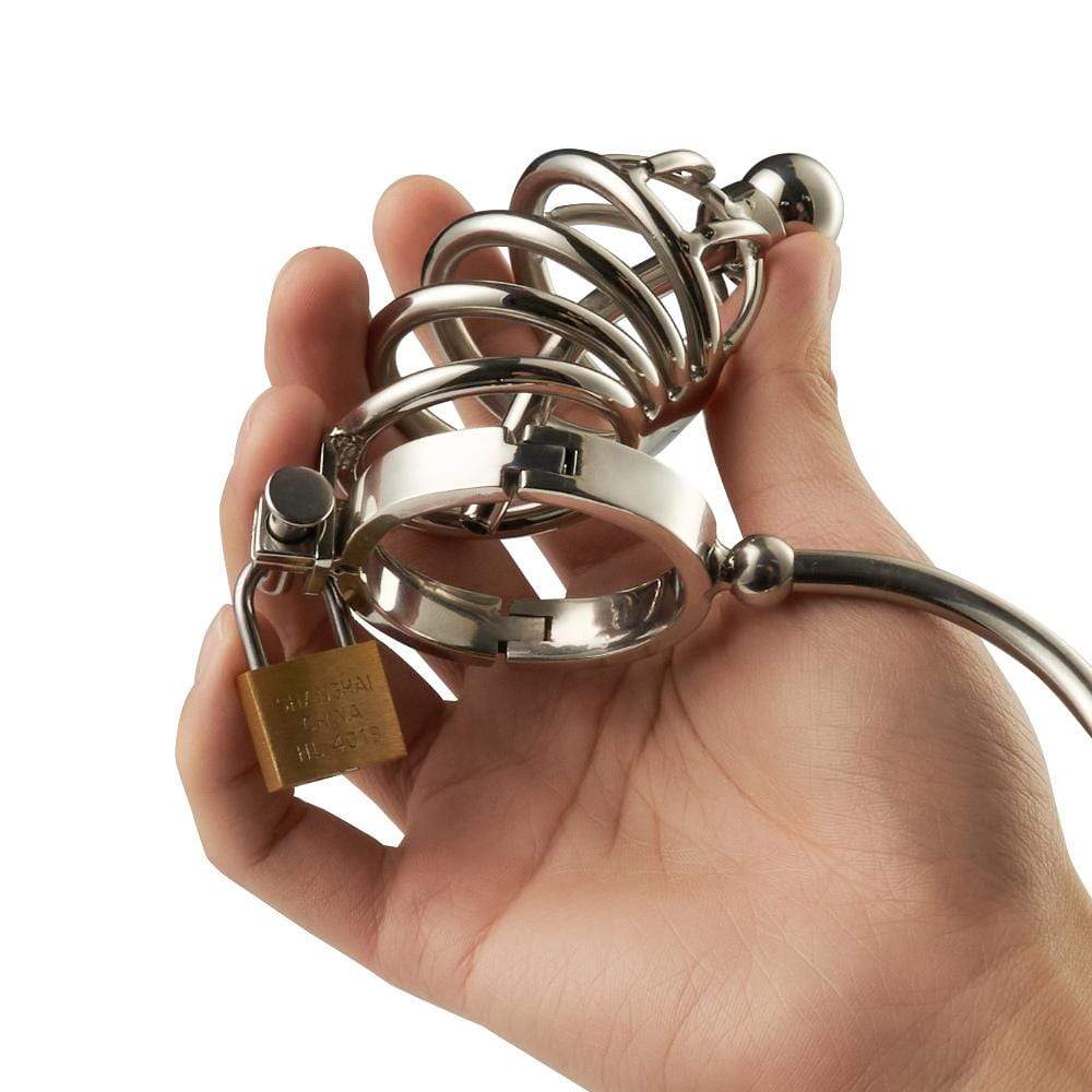 Stainless Steel Chastity Cock Cage With Urethral Insert & Anal Plug