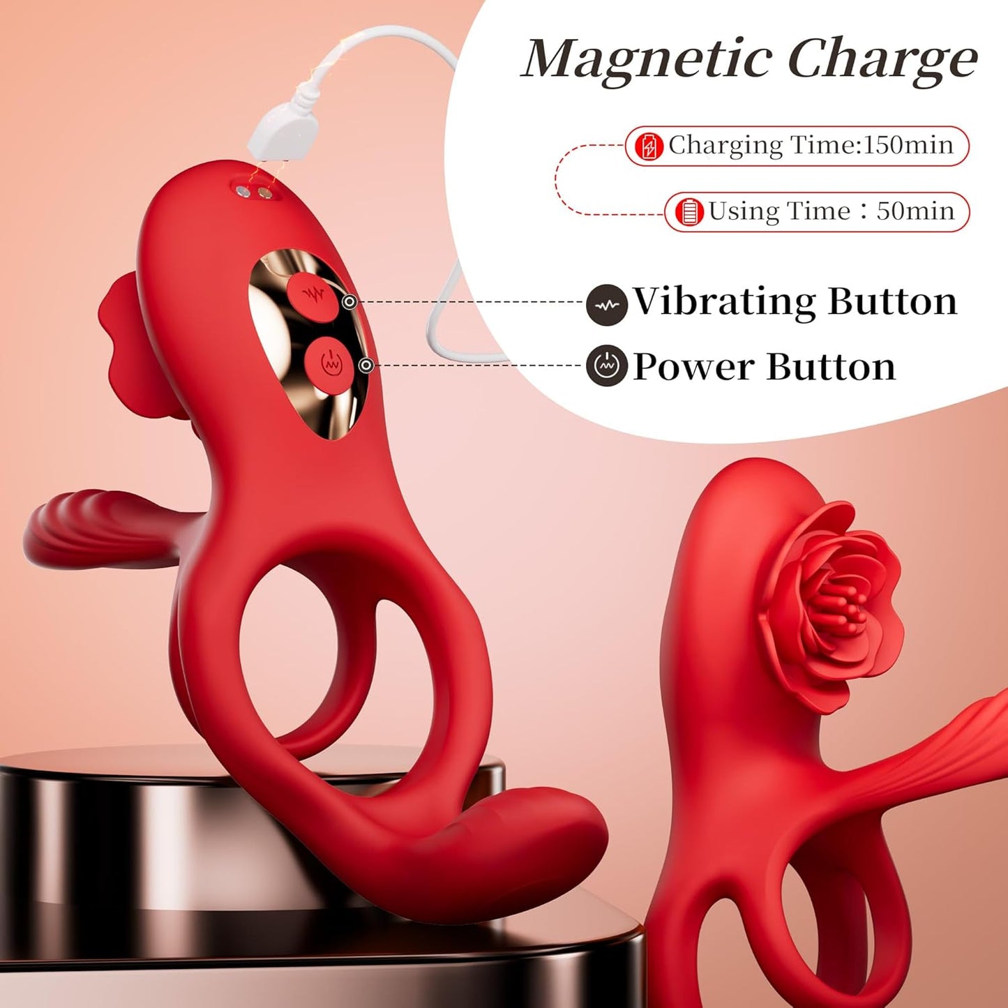 3-in-1 vibrating penis ring equipped with 3 powerful vibration motors and 10 vibration modes