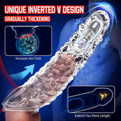 Vibrating penis sleeve, reusable penis extender with clitoral stimulator, soft granular penis extender, penis sleeve lengthening extender, sex toys for men and women