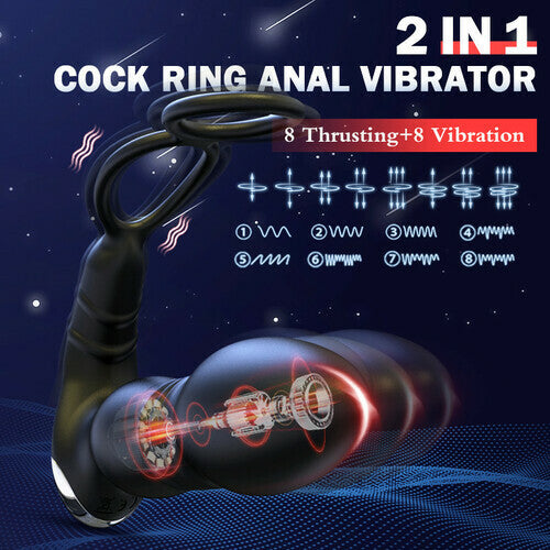 8 Thrusting 8 Vibrating Anal Vibrator With Dual Cock Rings