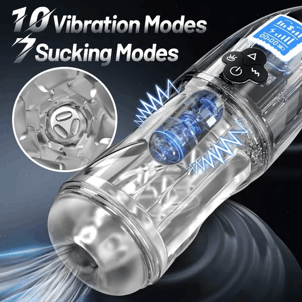 HellofuntoysTM Fully Transparent Vibrating Sucking Voice Male Mechanical Stroker