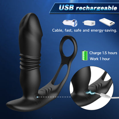 12 Vibrating 3 Thrusting  Dual Cock Rings Prostate Massager